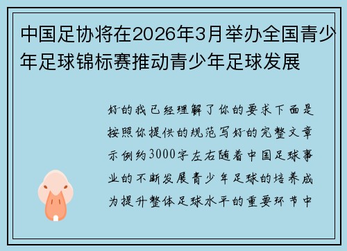 中国足协将在2026年3月举办全国青少年足球锦标赛推动青少年足球发展