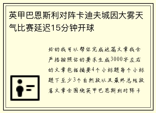 英甲巴恩斯利对阵卡迪夫城因大雾天气比赛延迟15分钟开球